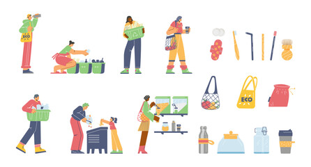 Vector set illustrations of reduce, reuse, recycle and zero waste concept, people use biodegradable things, sorting garbage