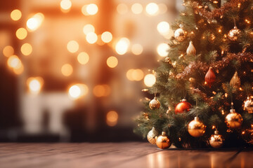 Christmas night, pine tree, bokehs and sparkle in the background.