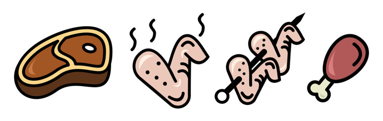 Steak, chicken wings, chicken skewers and meat icons. Line art style editable vector graphics. Menu design website design concept.