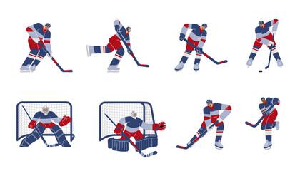 Set of hockey players in different poses flat style, vector illustration
