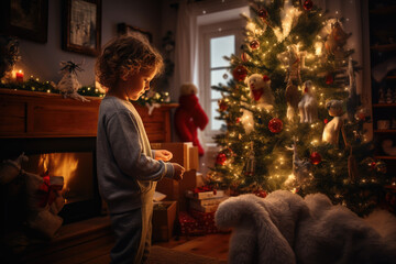 A house celebrating Christmas. A child standing near the Christmas tree.