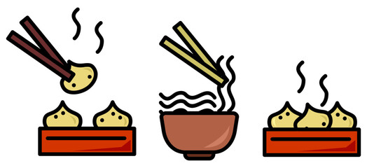 Chinese food, noodles, dumpling and spaghetti icons. Line art style editable vector graphics. Menu design website design concept.
