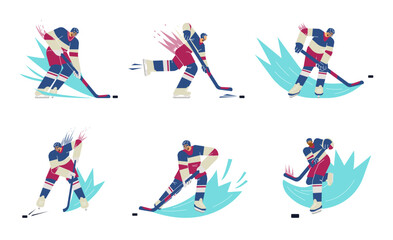 Vector set isolated illustrations of hockey player with motion lines on the ice, picks up the puck with hockey stick