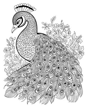 recommend clip art: Black and white illustration for coloring birds, peacock.