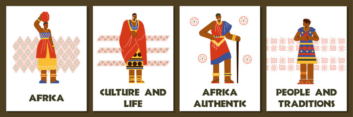Set of posters or vertical banners with tribal African people flat style