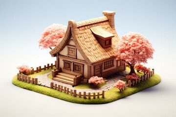 春の古民家・茅葺き屋根（3D）

