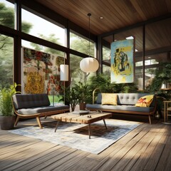 Outdoor living corner interior design in Mid-Century Modern style