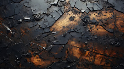 Charred wood bark black texture. Detailed macro close-up view of tree burned scratched cork...