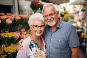 Obraz premium Elderly Lovebirds Grinning at Flower Shop