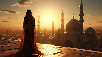 A Women Standing At An Islamic Shrine in Samarra Cityscape in Background Selective Focus - obrazy, fototapety, plakaty