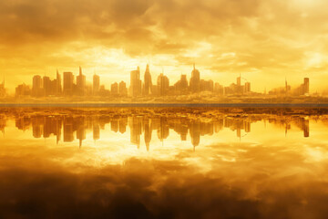 Fototapeta na wymiar Golden Ripples of the Urban Skyline