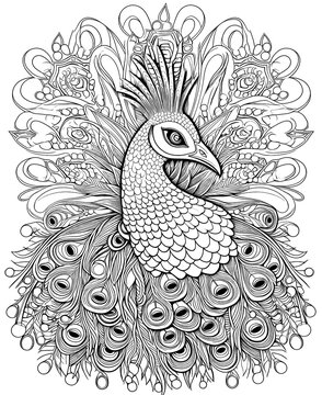 Black and white illustration for coloring birds, peacock.