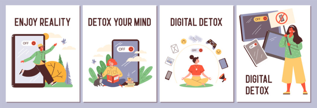 Set of posters or vertical banners about digital detox flat style