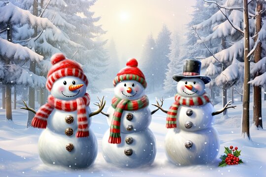 picture of three snowmens in the forest 