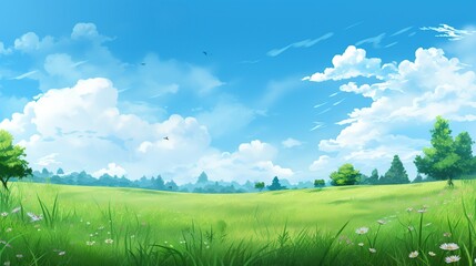 Fototapeta na wymiar Landscape green field and blue sky. AI generated image