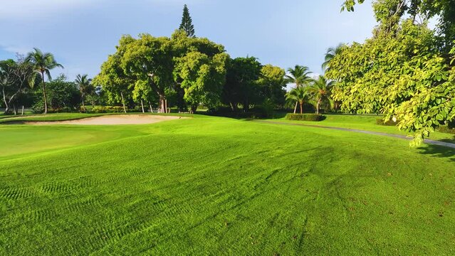 Grass turf and sand bunkers on a beautiful golf course. Tropical landscape. Green field, trees and blue sky. Golf holidays in the Dominican Republic. Golf course with fairway.