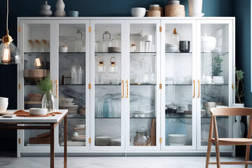 Opened white glass cabinet with clean dishes and decor. Scandinavian style kitchen interior. Organization of storage in kitchen. 	