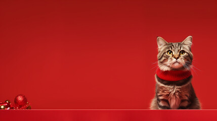 cat christmas background in green and red christmas background. generative ai