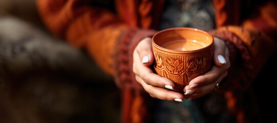 A woman in a knitted sweater holds a clay cup with coffee in front of her. Concept of passing banner season.