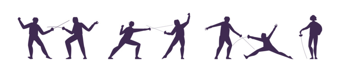 Set of various silhouette poses of Fencing duel competition, Vector fencing players illustration on white background
