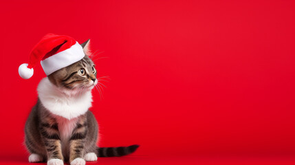 cat christmas background in green and red christmas background. generative ai