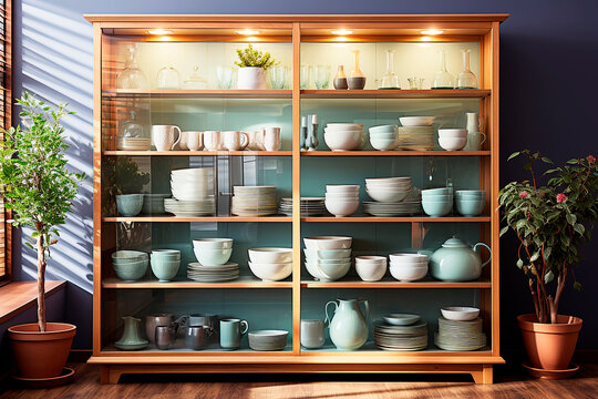 Opened glass cabinet with clean dishes and decor. Scandinavian style kitchen interior. Organization of storage in kitchen. 	