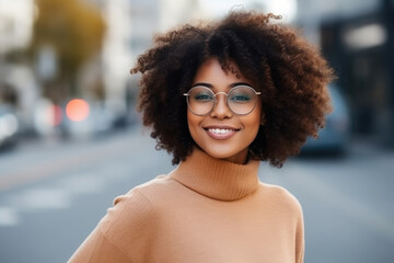 Energetic African American Woman with Curly Hair on Urban Street - obrazy, fototapety, plakaty