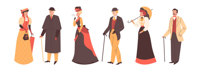 Cartoon vector set of 19th people characters in classic Victorian style costume, European gentlemen, aristocrats, ladies - obrazy, fototapety, plakaty