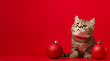 cat christmas background in green and red christmas background. generative ai