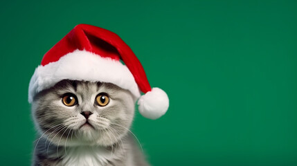cat christmas background in green and red christmas background. generative ai