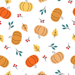 Seamless pumpkins with fall leaves and red berry