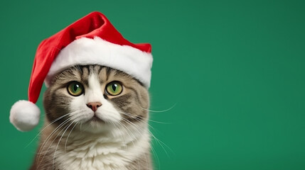 cat christmas background in green and red christmas background. generative ai