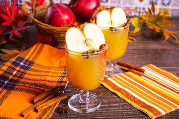 Apple Cider or cocktail with cinnamon, star anise and apple slices. Autumn drink.