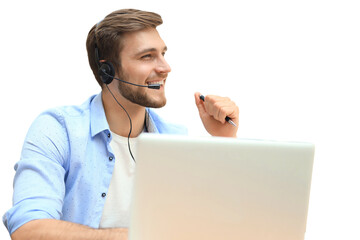 Happy young male customer support executive working on a transparent background