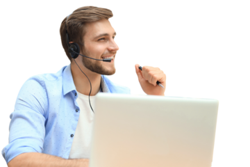 Happy young male customer support executive working on a transparent background