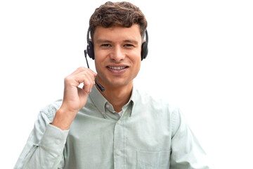 Happy young male customer support executive working on a transparent background