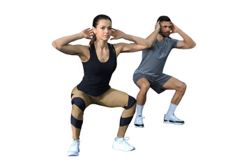Fototapeta na wymiar Fitness couple in sportswear doing squat exercises on a transparent background