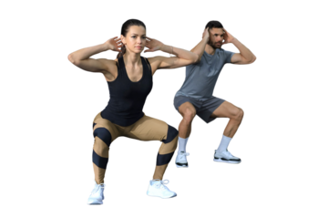Fitness couple in sportswear doing squat exercises on a transparent background