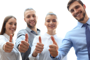 Successful business people with thumbs up and smiling on a transparent background