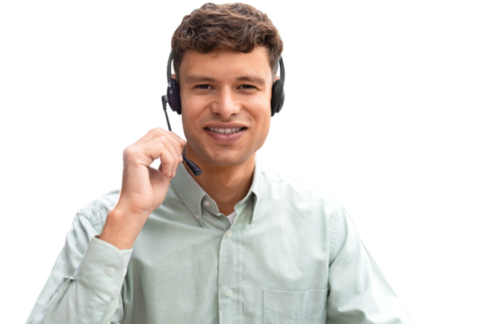 Happy young male customer support executive working on a transparent background