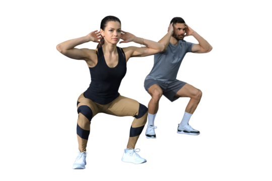 Fitness couple in sportswear doing squat exercises on a transparent background