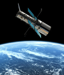 Space, earth and satellite in orbit for communication, surveillance and global research. Aerospace,...