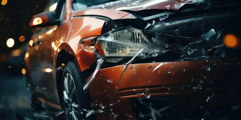 Fotobehang Crushed, dented vehicle conveys a stark image of accident. © Lidok_L