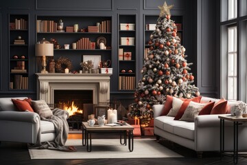 In a cozy living room, a Christmas tree adorned with a star stands near a fireplace, creating a warm and inviting holiday setting. Photorealistic illustration