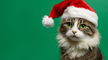 cat christmas background in green and red christmas background. generative ai