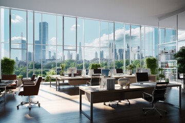 Interior photography of a stylish corporate breakout area with long lunch table and chairs, meeting areas and lounge with huge windows city views on skyscrapers, an open plan office in the background