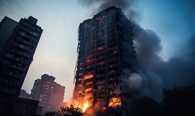 Sky-high fire and smoke envelop a skyscraper. - obrazy, fototapety, plakaty