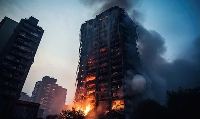 Foto op Canvas Sky-high fire and smoke envelop a skyscraper. © Lidok_L