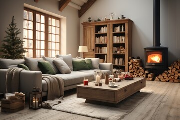 In a living room within a wood-constructed house, a Christmas tree, a fireplace, and rustic interior decor elements combine to create an inviting holiday setting. Photorealistic illustration