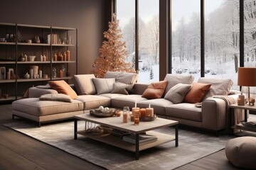 In a living room with modern interior design, a Christmas tree adds a festive touch, and a view of a snowy forest outside enhances the wintry atmosphere. Photorealistic illustration